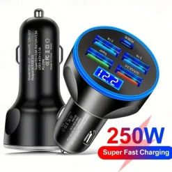 250W PD USB Car Charger Fast Charging Type C USB Phone Adapter In Car For Car Quick Charger