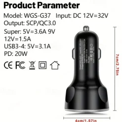 250W PD USB Car Charger Fast Charging Type C USB Phone Adapter In Car For Car Quick Charger
