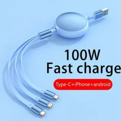100W Super Fast Charge 3-in-1 Retractable Charging Cable For Apple Android Type-C USB Charge Car Multifunctional Mobile Phone Electronic Accessories