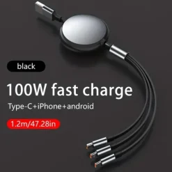 100W Super Fast Charge 3-in-1 Retractable Charging Cable For Apple Android Type-C USB Charge Car Multifunctional Mobile Phone Electronic Accessories
