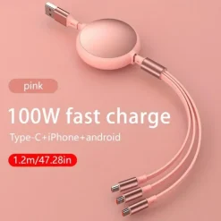 100W Super Fast Charge 3-in-1 Retractable Charging Cable For Apple Android Type-C USB Charge Car Multifunctional Mobile Phone Electronic Accessories