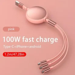100W Super Fast Charge 3-in-1 Retractable Charging Cable For Apple Android Type-C USB Charge Car Multifunctional Mobile Phone Electronic Accessories