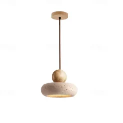 Wabi Sabi Natural Stone Shade Pendant Lamp Round Modern Wood Chandelier Bedroom Bedside Light for Living Dining Room Table Ceiling Hanging Lamp 15cm 110-240V