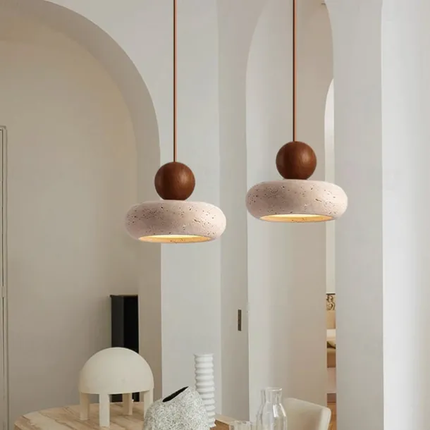 Wabi-Sabi Style Bedside Hanging Lighting Chandelier Fixture Yellow Travertine Small Pendant Light 85-265V