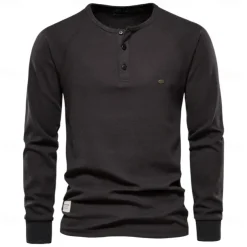 Waffle Henley T-Shirt Men Long Sleeve Basic Breathable Men's Tops Tee Shirts New Autumn Solid Color T Shirt For Men