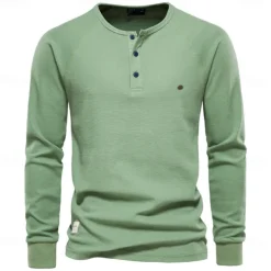 Waffle Henley T-Shirt Men Long Sleeve Basic Breathable Men's Tops Tee Shirts New Autumn Solid Color T Shirt For Men