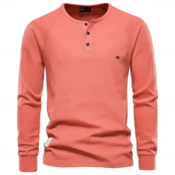 Waffle Henley T-Shirt Men Long Sleeve Basic Breathable Men's Tops Tee Shirts New Autumn Solid Color T Shirt For Men