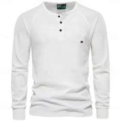 Waffle Henley T-Shirt Men Long Sleeve Basic Breathable Men's Tops Tee Shirts New Autumn Solid Color T Shirt For Men