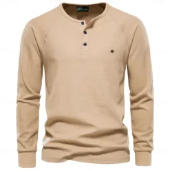 Waffle Henley T-Shirt Men Long Sleeve Basic Breathable Men's Tops Tee Shirts New Autumn Solid Color T Shirt For Men