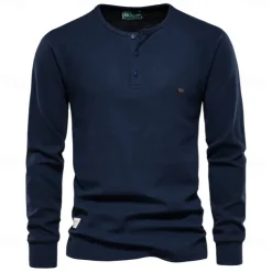 Waffle Henley T-Shirt Men Long Sleeve Basic Breathable Men's Tops Tee Shirts New Autumn Solid Color T Shirt For Men