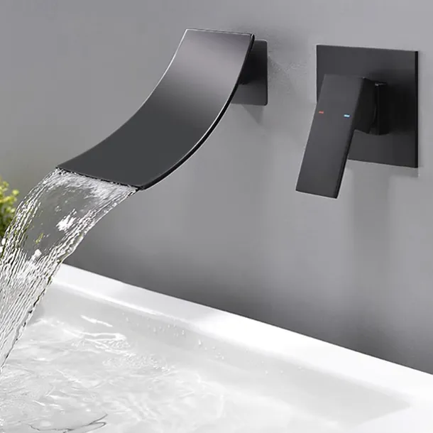 Wall Mount Bathroom Sink Mixer Faucet Matte Black, Concealed Washroom Basin Taps Waterfall Spout Single Handle 2 Hole, Rough in Valve Mixer Bathtub Taps