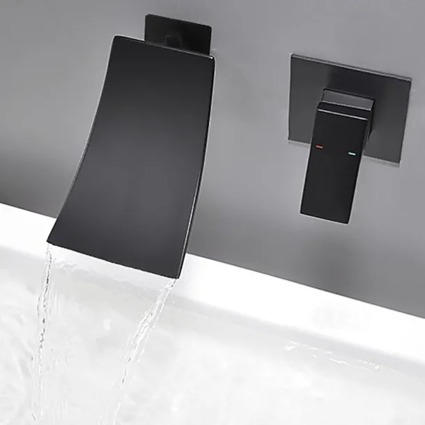 Wall Mount Bathroom Sink Mixer Faucet Matte Black, Concealed Washroom Basin Taps Waterfall Spout Single Handle 2 Hole, Rough in Valve Mixer Bathtub Taps