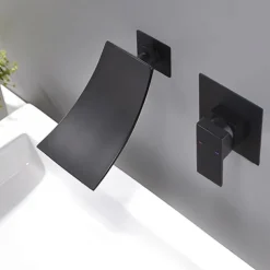 Wall Mount Bathroom Sink Mixer Faucet Matte Black, Concealed Washroom Basin Taps Waterfall Spout Single Handle 2 Hole, Rough in Valve Mixer Bathtub Taps