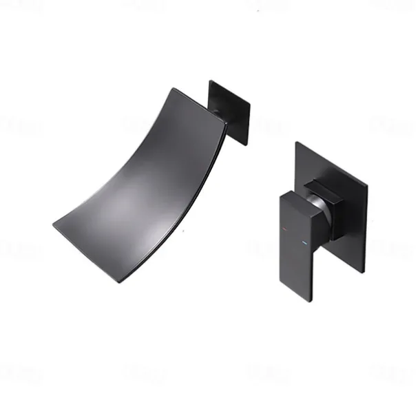 Wall Mount Bathroom Sink Mixer Faucet Matte Black, Concealed Washroom Basin Taps Waterfall Spout Single Handle 2 Hole, Rough in Valve Mixer Bathtub Taps