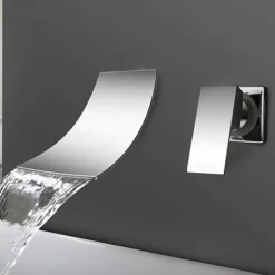 Wall Mount Bathroom Sink Mixer Faucet Chrome, Concealed Washroom Basin Taps Waterfall Spout Single Handle 2 Hole, Rough in Valve Mixer Bathtub Bath Taps