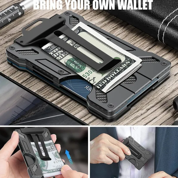 Wallet For Men - Slim Aluminum Metal Money Clip with 1 Clear window ID Badge Holder, RFID Blocking, Holds up 15 Cards with Cash Clip. Ultra-Thin Minimalist Wallet