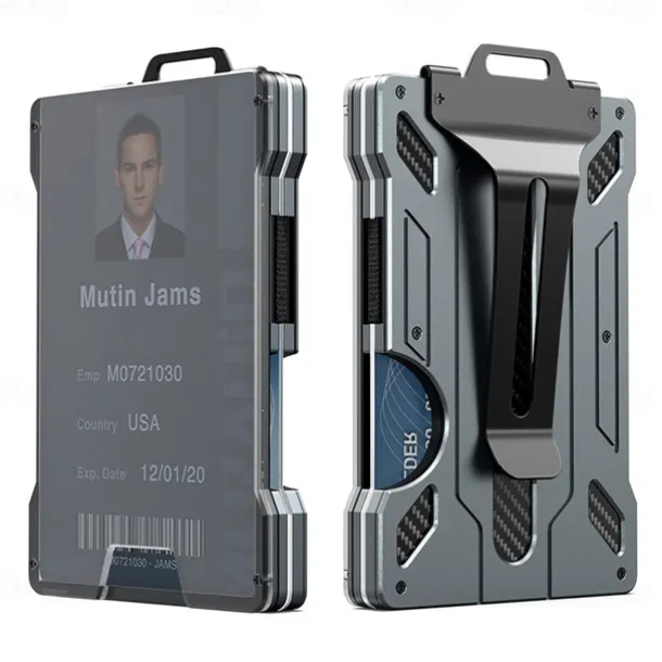 Wallet For Men - Slim Aluminum Metal Money Clip with 1 Clear window ID Badge Holder, RFID Blocking, Holds up 15 Cards with Cash Clip. Ultra-Thin Minimalist Wallet