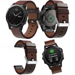 Watch Band for Garmin Marq Descent G1 Fenix 7/6/5 Plus Pro Sapphire Solar Forerunner 955/945/935/745 Solar Approach S62 / S60 Genuine Leather Replacement Strap Quick Fit 22mm Adjustable Leather Loop