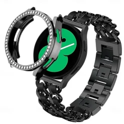 Watch Band for Samsung Galaxy Watch 4 40/44mm Watch Active 2 40/44mm Stainless Chain with Leather Belt Replacement Strap Bling Diamond Luxury Jewelry Bracelet Wristband