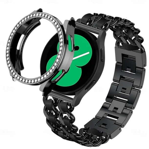 Watch Band for Samsung Galaxy Watch 4 40/44mm Watch Active 2 40/44mm Stainless Chain with Leather Belt Replacement Strap Bling Diamond Luxury Jewelry Bracelet Wristband