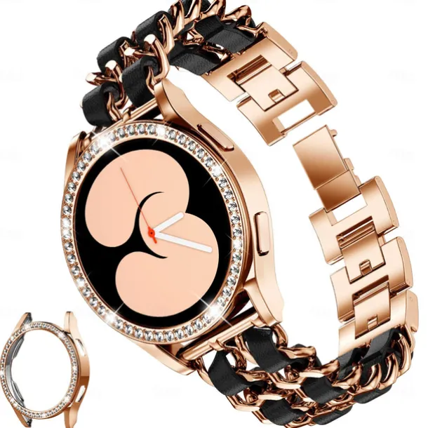 Watch Band for Samsung Galaxy Watch 4 40/44mm Watch Active 2 40/44mm Stainless Chain with Leather Belt Replacement Strap Bling Diamond Luxury Jewelry Bracelet Wristband