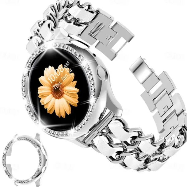 Watch Band for Samsung Galaxy Watch 4 40/44mm Watch Active 2 40/44mm Stainless Chain with Leather Belt Replacement Strap Bling Diamond Luxury Jewelry Bracelet Wristband
