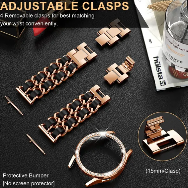 Watch Band for Samsung Galaxy Watch 4 40/44mm Watch Active 2 40/44mm Stainless Chain with Leather Belt Replacement Strap Bling Diamond Luxury Jewelry Bracelet Wristband