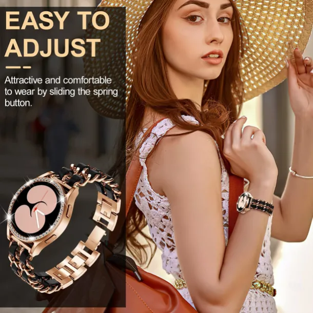 Watch Band for Samsung Galaxy Watch 4 40/44mm Watch Active 2 40/44mm Stainless Chain with Leather Belt Replacement Strap Bling Diamond Luxury Jewelry Bracelet Wristband