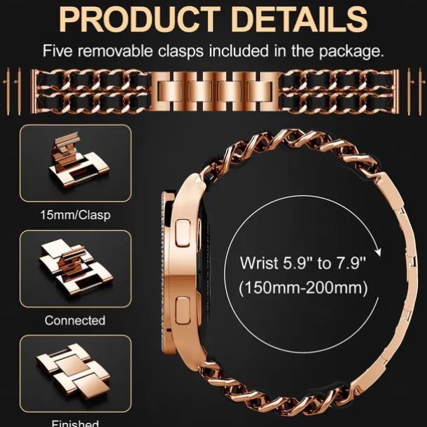 Watch Band for Samsung Galaxy Watch 4 40/44mm Watch Active 2 40/44mm Stainless Chain with Leather Belt Replacement Strap Bling Diamond Luxury Jewelry Bracelet Wristband