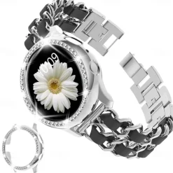 Watch Band for Samsung Galaxy Watch 4 40/44mm Watch Active 2 40/44mm Stainless Chain with Leather Belt Replacement Strap Bling Diamond Luxury Jewelry Bracelet Wristband