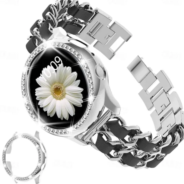 Watch Band for Samsung Galaxy Watch 4 40/44mm Watch Active 2 40/44mm Stainless Chain with Leather Belt Replacement Strap Bling Diamond Luxury Jewelry Bracelet Wristband