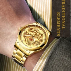 Watch Men's Watches Luxury Gold Quartz Wristwatch 3D Waterproof Dragon Automatic Self-Wind Watch For Men Relojes