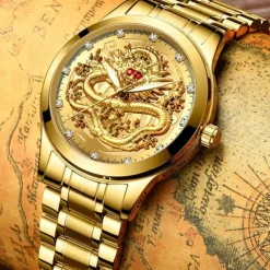 Watch Men's Watches Luxury Gold Quartz Wristwatch 3D Waterproof Dragon Automatic Self-Wind Watch For Men Relojes