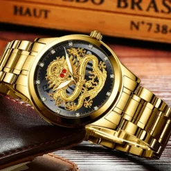 Watch Men's Watches Luxury Gold Quartz Wristwatch 3D Waterproof Dragon Automatic Self-Wind Watch For Men Relojes