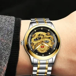 Watch Men's Watches Luxury Gold Quartz Wristwatch 3D Waterproof Dragon Automatic Self-Wind Watch For Men Relojes