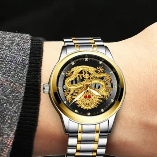 Watch Men's Watches Luxury Gold Quartz Wristwatch 3D Waterproof Dragon Automatic Self-Wind Watch For Men Relojes