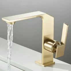 Waterfall Bathroom Sink Mixer Faucet Brass, Single Handle Washroom Basin Taps One Hole Faucets with Hot and Cold Hose, Waterfall Spout Brass Bathroom Tap Chrome Black Gold Grey