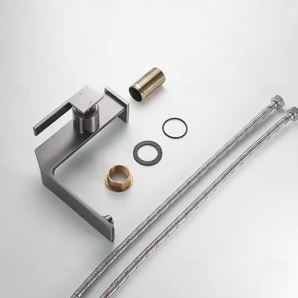 Waterfall Bathroom Sink Mixer Faucet Brass, Single Handle Washroom Basin Taps One Hole Faucets with Hot and Cold Hose, Waterfall Spout Brass Bathroom Tap Chrome Black Gold Grey