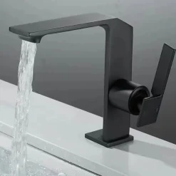 Waterfall Bathroom Sink Mixer Faucet Brass, Single Handle Washroom Basin Taps One Hole Faucets with Hot and Cold Hose, Waterfall Spout Brass Bathroom Tap Chrome Black Gold Grey