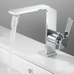 Waterfall Bathroom Sink Mixer Faucet Brass, Single Handle Washroom Basin Taps One Hole Faucets with Hot and Cold Hose, Waterfall Spout Brass Bathroom Tap Chrome Black Gold Grey