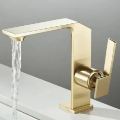 Waterfall Bathroom Sink Mixer Faucet Brass, Single Handle Washroom Basin Taps One Hole Faucets with Hot and Cold Hose, Waterfall Spout Brass Bathroom Tap Chrome Black Gold Grey