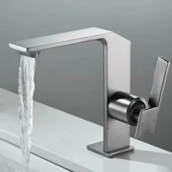 Waterfall Bathroom Sink Mixer Faucet Brass, Single Handle Washroom Basin Taps One Hole Faucets with Hot and Cold Hose, Waterfall Spout Brass Bathroom Tap Chrome Black Gold Grey