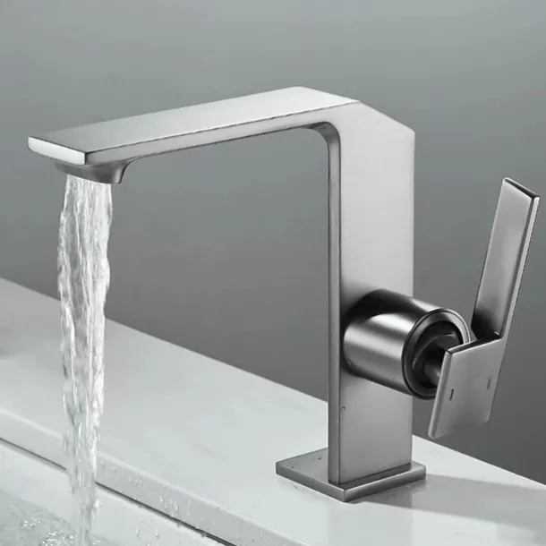 Waterfall Bathroom Sink Mixer Faucet Brass, Single Handle Washroom Basin Taps One Hole Faucets with Hot and Cold Hose, Waterfall Spout Brass Bathroom Tap Chrome Black Gold Grey