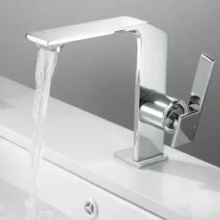Waterfall Bathroom Sink Mixer Faucet Brass, Single Handle Basin Taps One Hole Faucets with Hot and Cold Hose, Waterfall Spout Brass Bath Tap Chrome Black Gold Grey