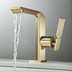 Waterfall Bathroom Sink Mixer Faucet Brass, Single Handle Basin Taps One Hole Faucets with Hot and Cold Hose, Waterfall Spout Brass Bath Tap Chrome Black Gold Grey