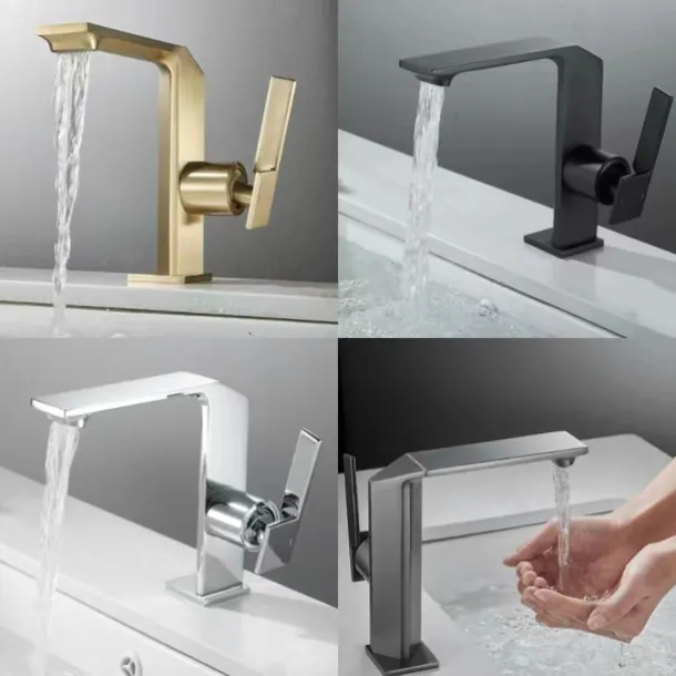 Waterfall Bathroom Sink Mixer Faucet Brass, Single Handle Basin Taps One Hole Faucets with Hot and Cold Hose, Waterfall Spout Brass Bath Tap Chrome Black Gold Grey