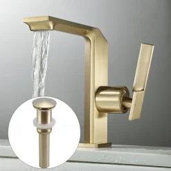 Waterfall Bathroom Sink Mixer Faucet Brass, Single Handle Basin Taps One Hole Faucets with Hot and Cold Hose, Waterfall Spout Brass Bath Tap Chrome Black Gold Grey