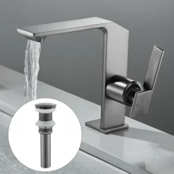 Waterfall Bathroom Sink Mixer Faucet Brass, Single Handle Basin Taps One Hole Faucets with Hot and Cold Hose, Waterfall Spout Brass Bath Tap Chrome Black Gold Grey