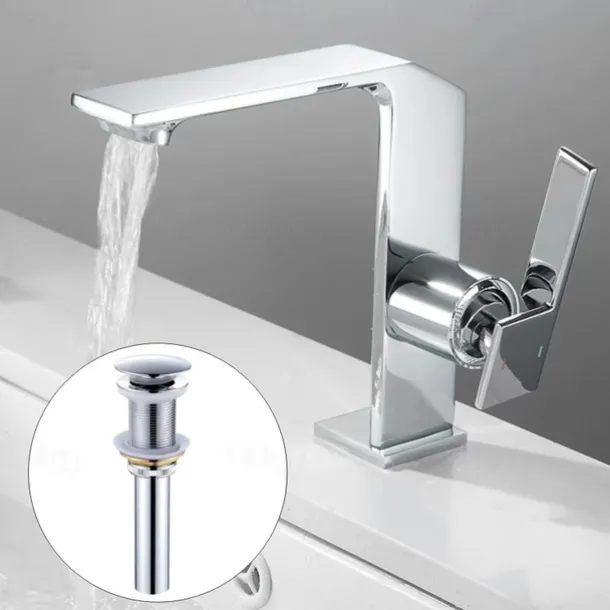 Waterfall Bathroom Sink Mixer Faucet Brass, Single Handle Basin Taps One Hole Faucets with Hot and Cold Hose, Waterfall Spout Brass Bath Tap Chrome Black Gold Grey