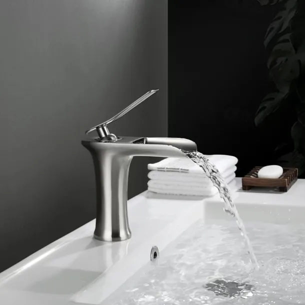 Waterfall Bathroom Sink Mixer Faucet 4.7" Spout, Mono Wash Basin Single Handle Basin Taps Washroom with Hot and Cold Hose, Monobloc Vessel Water Brass Tap Deck Mounted